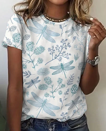 

Dragonfly Floral Cotton T-Shirt, White, T-shirts