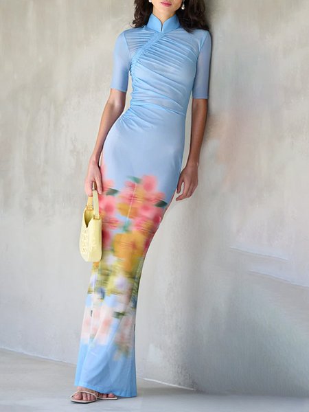 

Elegant Floral Printing Stand Collar Maxi Dress, Blue, Maxi Dresses