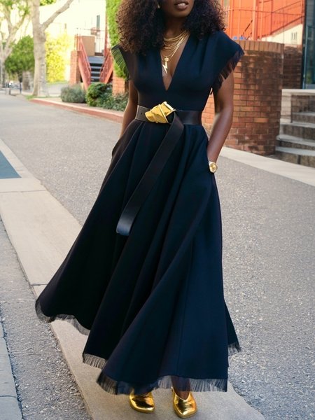 

Urban V Neck Maxi Dress No Belt, Black, Maxi Dresses