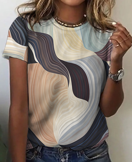 

Geometric Stripes Art Print Cotton T-Shirt, As picture, T-shirts
