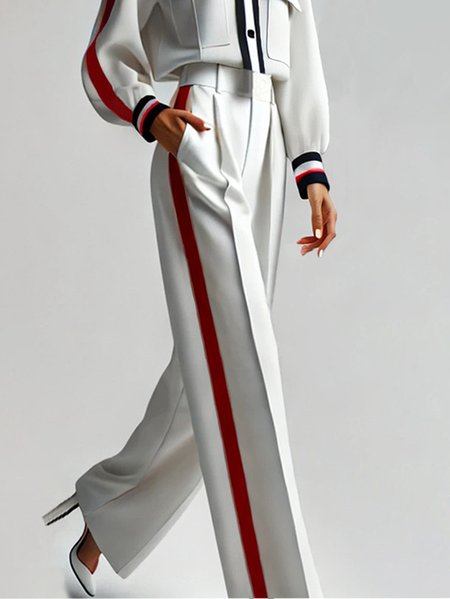 

Plus Size Urban Color Block Wide Leg Pants, White-red, Plus Pants