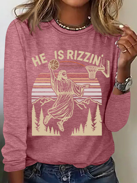 

He Is Rizzin' Funny Jesus Playing Basketball Casual Long Sleeve Shirt, Watermelon, Long sleeves