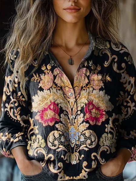 

Loose Shawl Collar Ethnic 3D Printing Shirt, As picture, Blouses