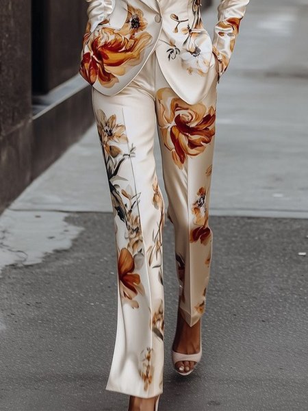 

Plus Size Elegant Floral Pocket Stitching Straight Fashion Pants, As picture, Plus Pants