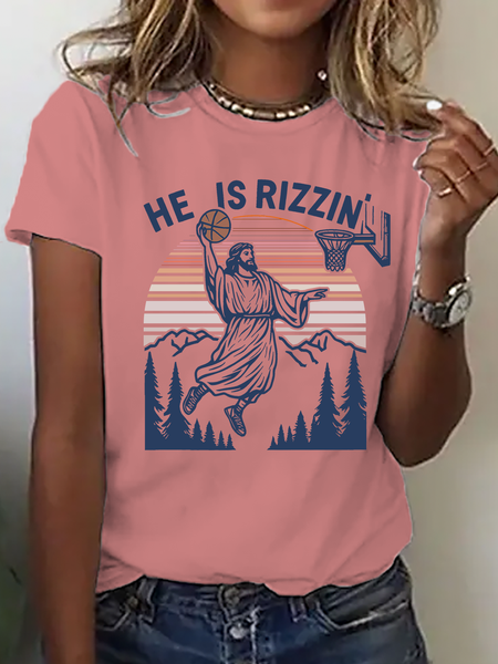 

He Is Rizzin' Funny Jesus Playing Basketball Cotton T-Shirt, Orange pink, T-shirts