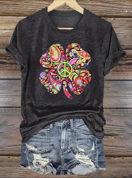 

Casual Geometric Crew Neck Short Sleeve T-shirt, Black, T-shirts