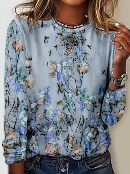 

Casual Floral Crew Neck Long Sleeve T-shirt, Blue, T-shirts