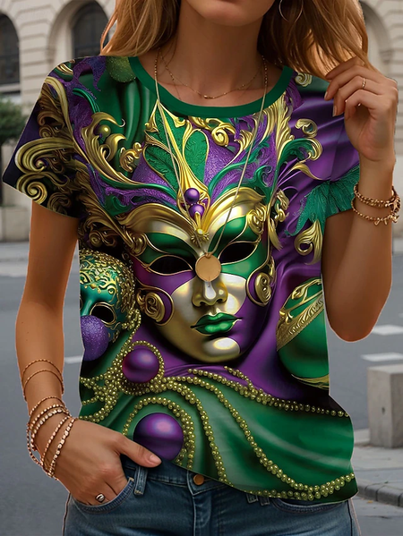 

Women's Face Art Print Short Sleeve T-Shirt, As picture, T-shirts