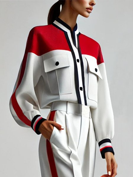 

Plus Size Urban Color Block Stand Collar Jacket, White-red, Plus Outerwear