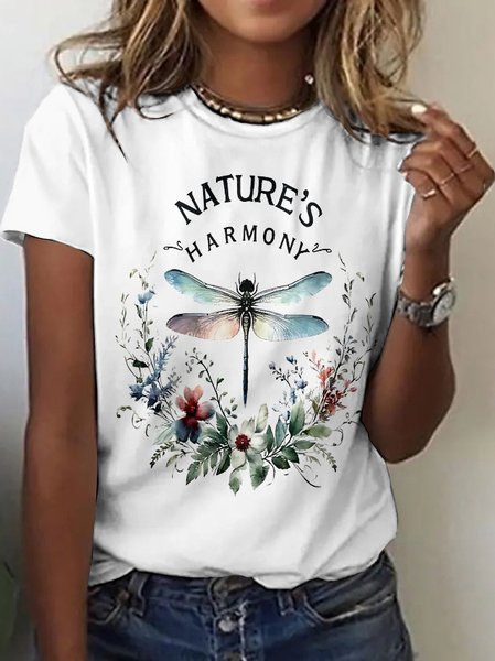 

Casual Floral Crew Neck Short Sleeve T-shirt, White, T-shirts