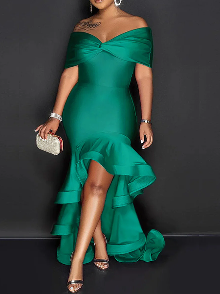 Elegant Plain Peplum Cold Shoulder Maxi Dress, Green, Maxi Dresses