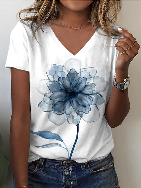 

Vintage Floral V Neck Short Sleeve T-shirt, White, T-shirts