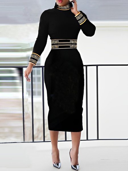 

Plus Size Elegant Geometric Stand Collar Midi Dress, Black, Plus Dresses