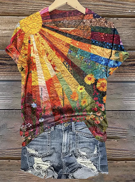 

Vintage Geometric Crew Neck Short Sleeve T-shirt, Orange, T-shirts