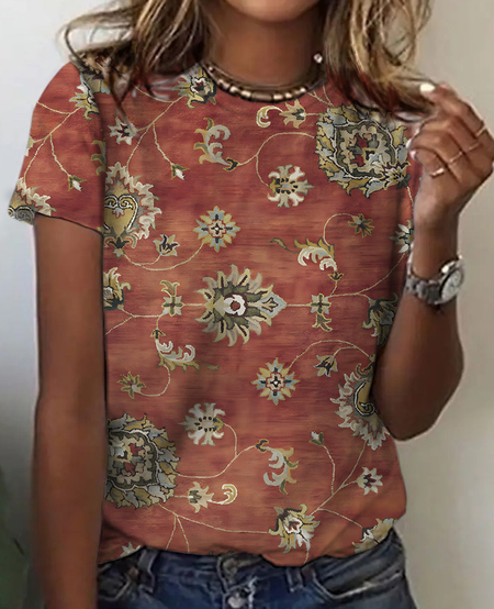 

Vintage Ethnic Floral Print Cotton T-Shirt, As picture, T-shirts