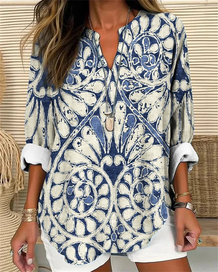 

Color Block Abstract graphic Loose Cotton-Blend Simple Shirt, Blue, Blouses