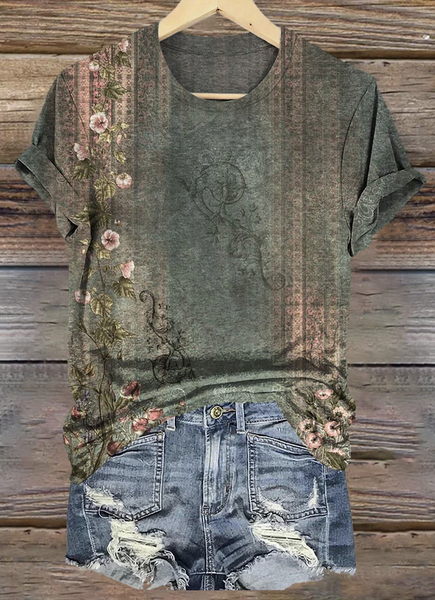 

Vintage Casual Floral Print Crew Neck Short Sleeve T-shirt, Green, T-shirts