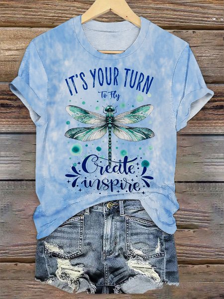 

Casual Dragonfly Pattern Crew Neck Short Sleeve T-shirt, Sky blue, T-shirts