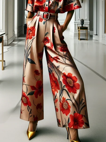 

Urban Floral Fashion Pants With Belt, As picture, Pants