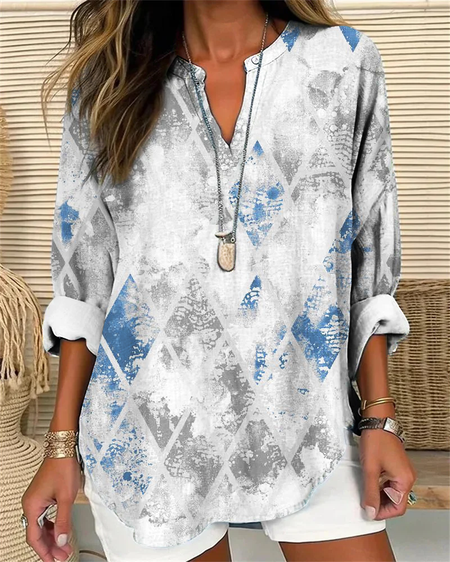 

Color Block Geometric V Neck Casual Shirt, White, Blouses