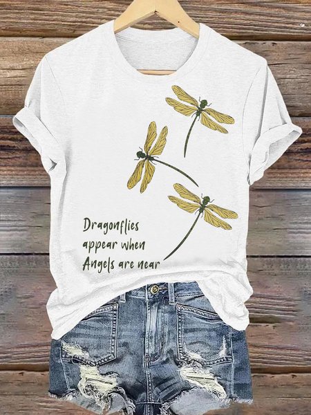 Casual Dragonfly Pattern Crew Neck Short Sleeve T-shirt, White, T-shirts