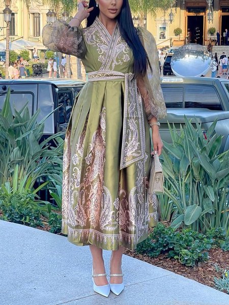Elegant Paisley Balloon Sleeve Cross Neck Midi Dress With Belt, As picture, Midi Dresses