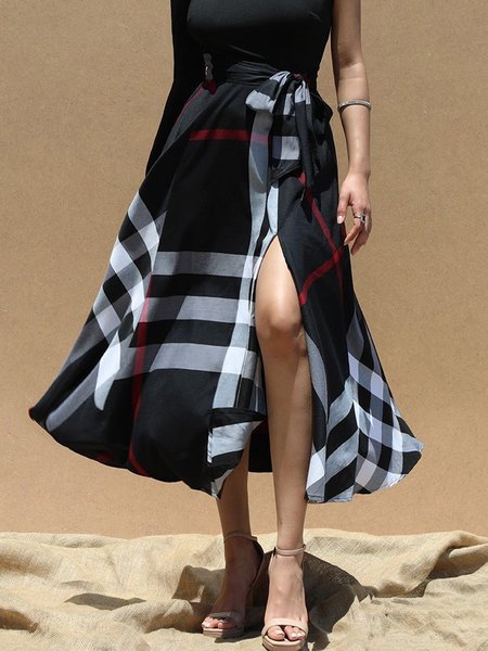 

Casual Daily Loose Plaid Midi Skirt, Black, Skirts