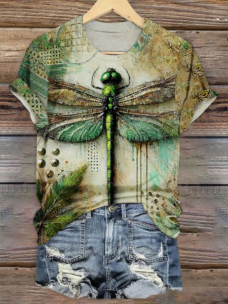 

Casual Animal Crew Neck Short Sleeve T-shirt, Lightgreen, T-shirts