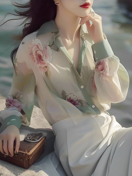 

Vacation Floral Printing Loosen Shirt, As picture, Blouses and Shirts