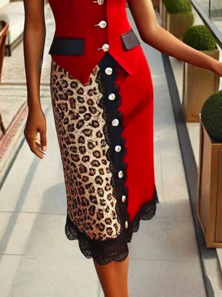 

Elegant Lace Leopard Midi Skirt, As picture, Skirts