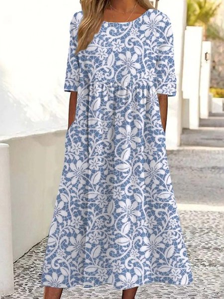 

Women Floral Crew Neck Half Sleeve Comfy Vintage Maxi Dress, Blue, Blouses