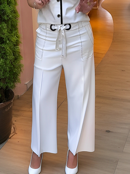 

Casual Color Block Straight Pants, White, Pants