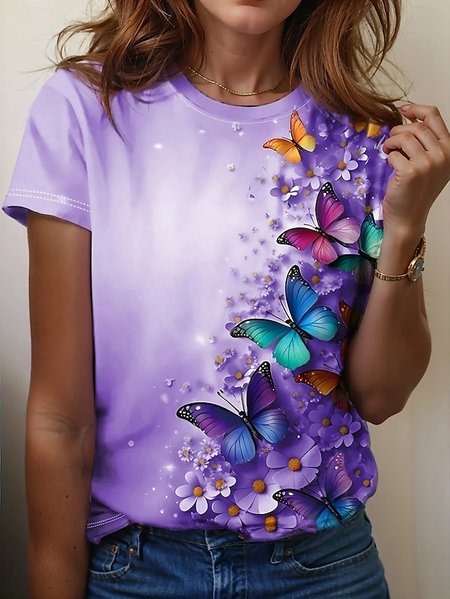 

Women's Art Butterfly Floral Print Crew Neck T-Shirt, As picture, T-shirts