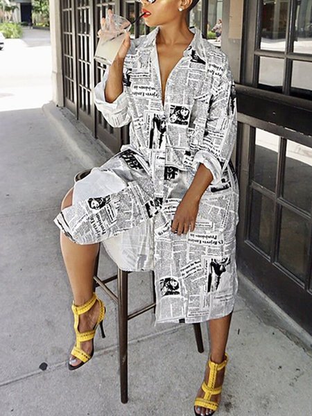 

Casual Newspaper Loosen Printing Shirt Collar Dress, Black-white, Midi Dresses