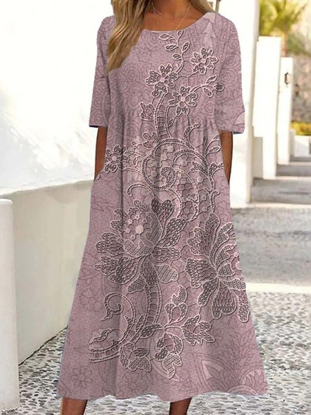 

Women Floral Crew Neck Half Sleeve Comfy Vintage Maxi Dress, As picture, Dresses