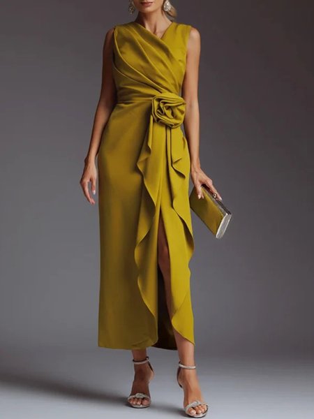 Elegant Plain 3D Floral Ruched V Neck Maxi Dress, As picture, Maxi Dresses