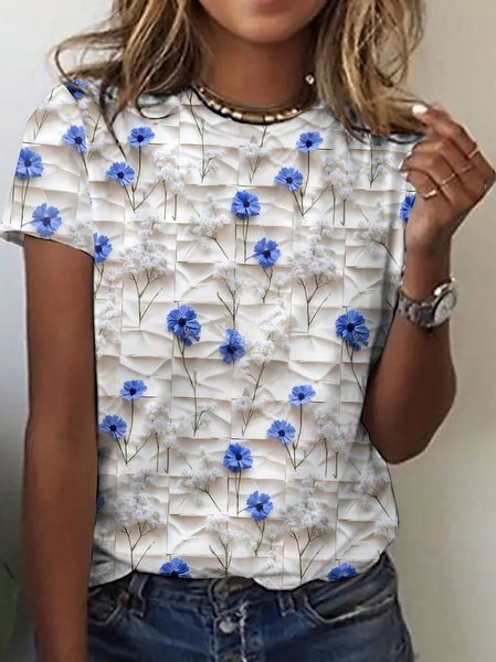 

Casual Floral Crew Neck Short Sleeve T-shirt, White, T-shirts