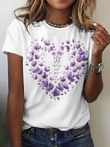 

Casual Floral Crew Neck Short Sleeve T-shirt, White, T-shirts