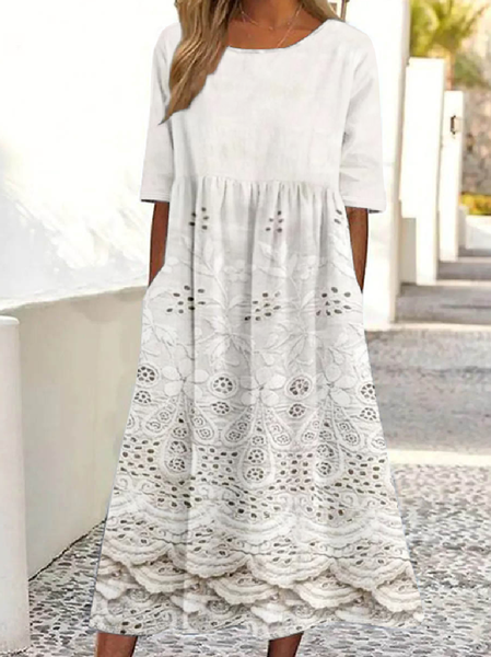 

Women Gradient Pattern Half Sleeve Summer Dress Crew Neck Daily Vintage Maxi Shirt Dress A-Line Dress, White, Dresses