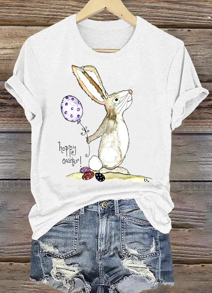 

Easter Bunny Print Crew Neck Short Sleeve T-shirt, White, T-shirts