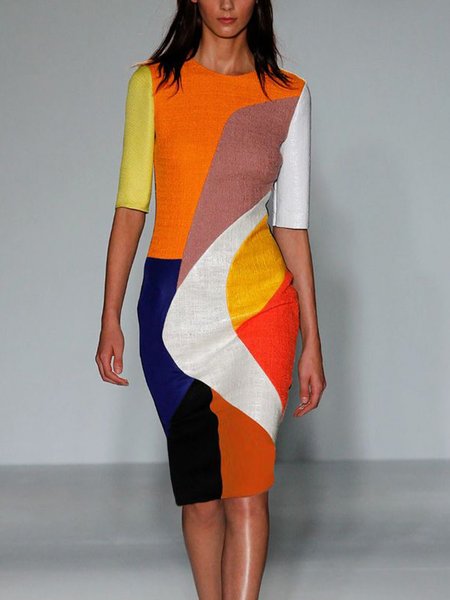 Vacation Colorblock Printing Crew Neck Knee Length Dress, As picture, Midi Dresses
