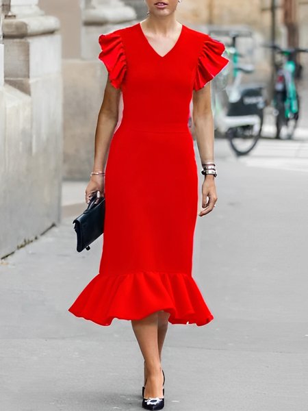 Elegant Plain Ruffle Sleeve V Neck Maxi Dress, Red, Maxi Dresses