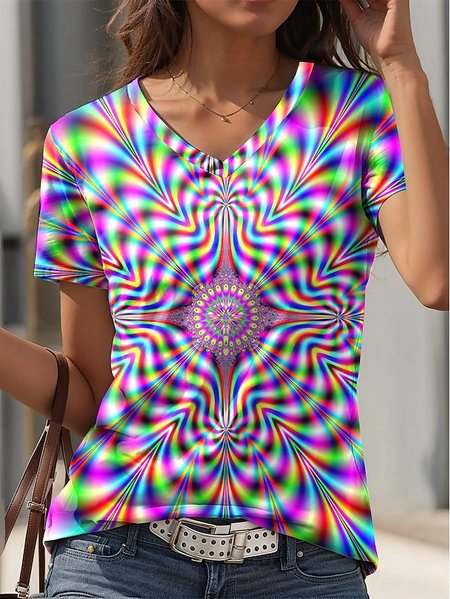 

Women's Artistic Gradient Cool Stripe Print V-Neck T-Shirt, As picture, T-shirts