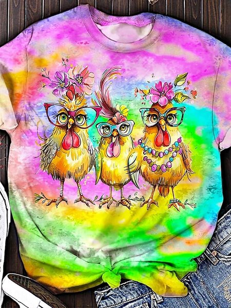 

Women's Tie Dye Art Cute Chicken Print Crew Neck T-Shirt, As picture, T-shirts