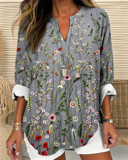 

V Neck Casual Floral Cotton-Blend Shirt, Gray, Blouses