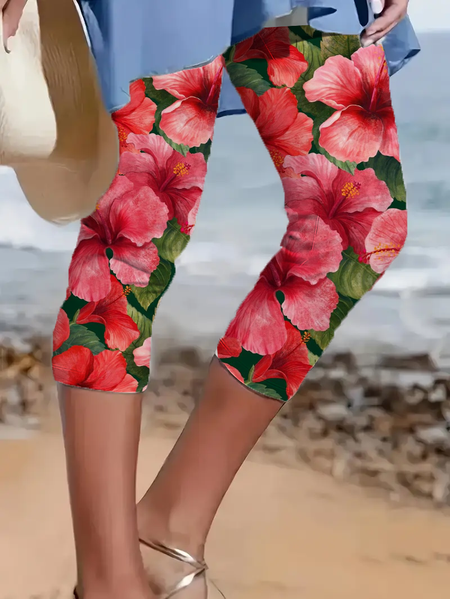 

Women's Floral Capris Elastic Waist Pant Casual Summer Trousers, As picture, Leggings