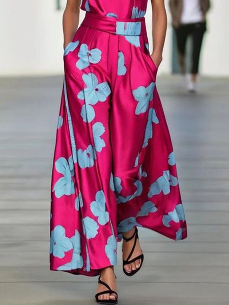 

Vacation Floral Wide Leg Pants, As picture, Pants