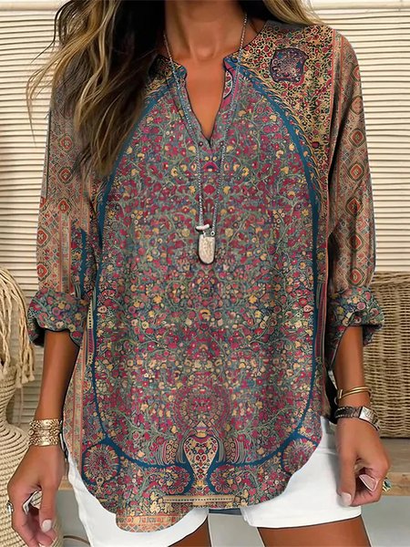 

Women's Vintage Ethnic Art Floral Print V-Neck Shirt, As picture, Blouses