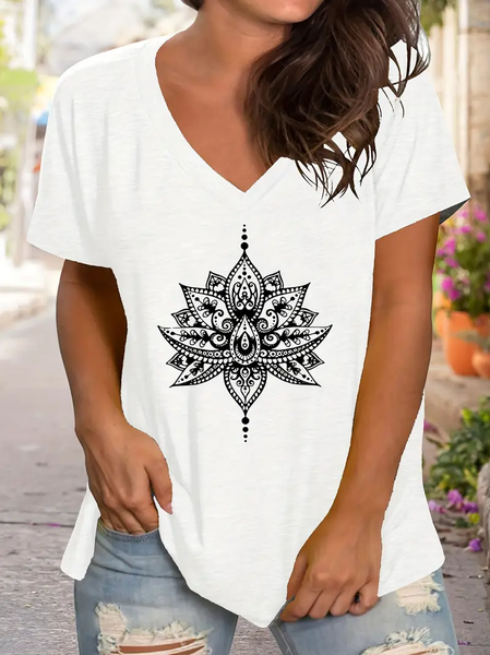 Women's Floral Print Casual V-Neck Short Sleeve T-Shirt, White, T-shirts