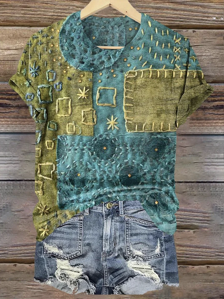 

Casual Geometric Crew Neck Short Sleeve T-shirt, Green, T-shirts